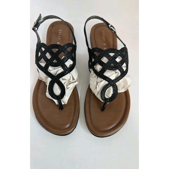 Kelly & Katie Women's Size 8 Black Metallic Strappy Slingback Flat Thong Sandals - Picture 1 of 9